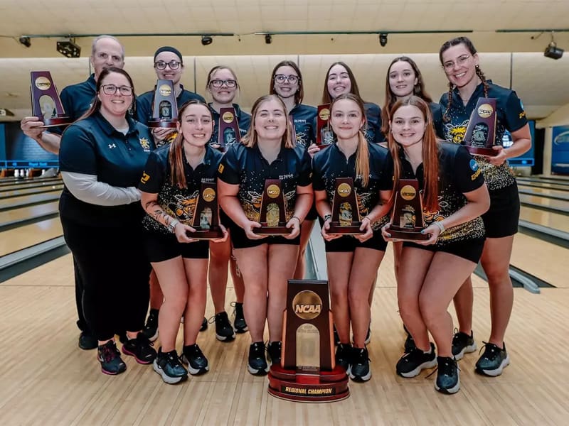 The Shocker women's bowling team poses after securing its ticket to the Final Four