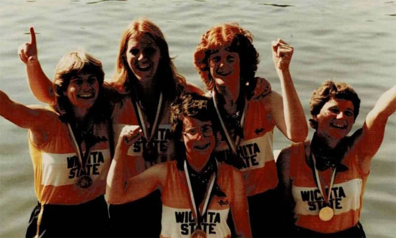 Wichita State's varsity four crew celebrate their win at the Dad Vail Regatta in 1981.