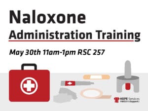 Naloxone Administration Training May 30th at 11 am in RSC room 257. Parts of a first aid kit below caption.