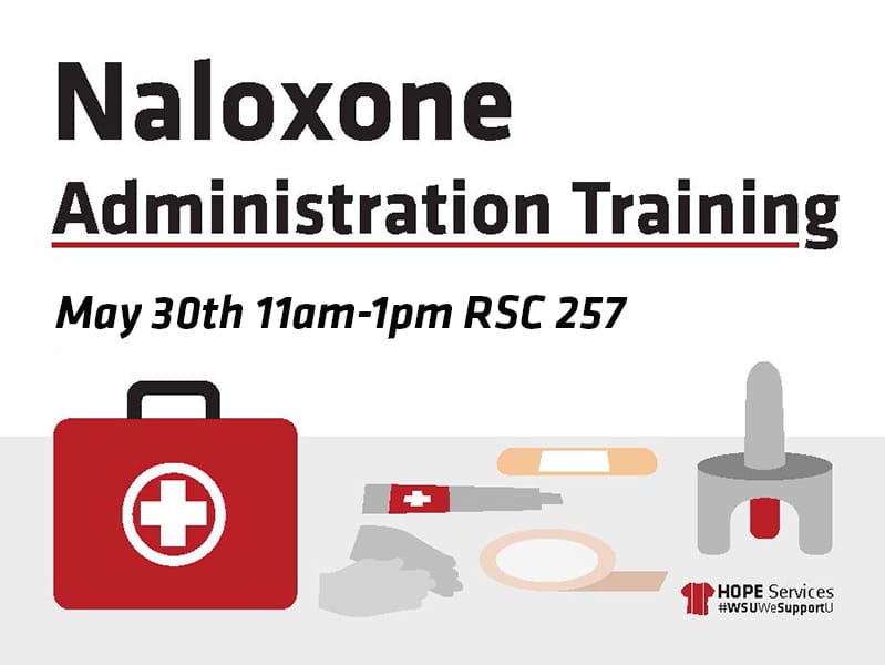 Naloxone Administration Training May 30th at 11 am in RSC room 257. Parts of a first aid kit below caption.