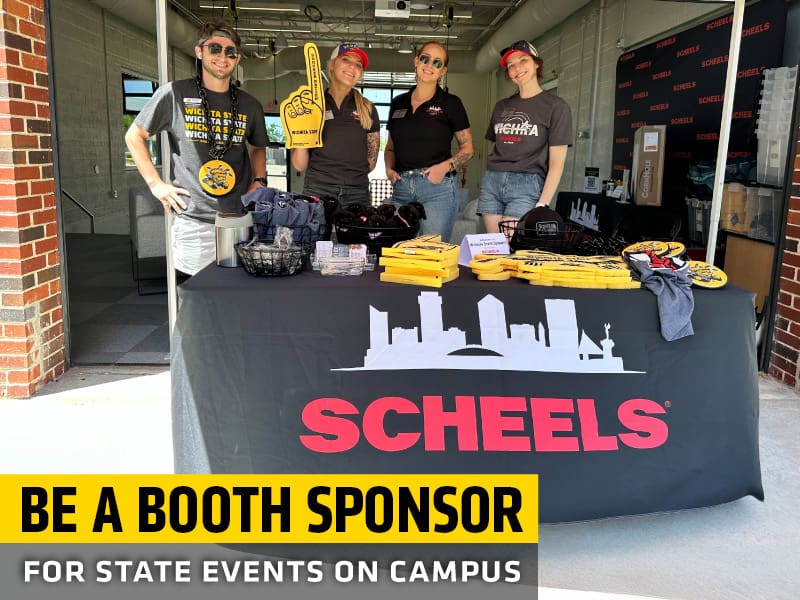 Scheels runs its 2024 state events booth with the text "Be a booth sponsor for state events on campus"