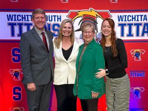 Kelly Bielefeld, Dr. Monica Lounsbery, Dr. Sheree Utash, South High senior Josephine Garcia pose following the announcement of the Future Teacher Academy