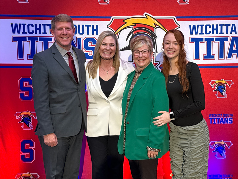 Kelly Bielefeld, Dr. Monica Lounsbery, Dr. Sheree Utash, South High senior Josephine Garcia pose following the announcement of the Future Teacher Academy