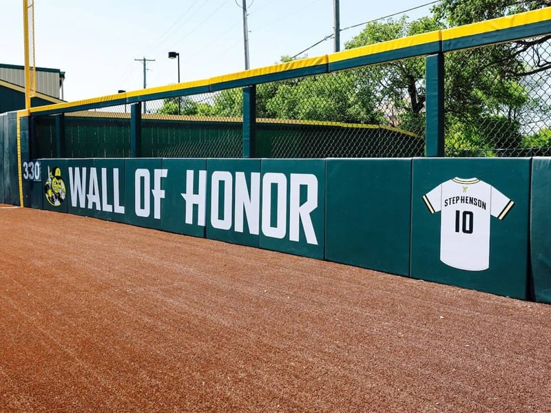 Gene Stephenson's No. 10 jersey is displayed in the Wall of Honor in left field of Eck Stadium