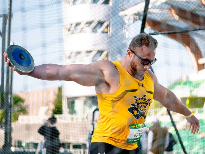 Ridge Estes winds up a discus throw at an event.