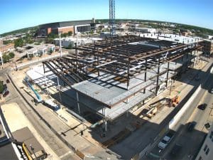 Overhead view of the construction site of the Wichita Biomedical Campus in downtown Wichita, showing the progress that has been made