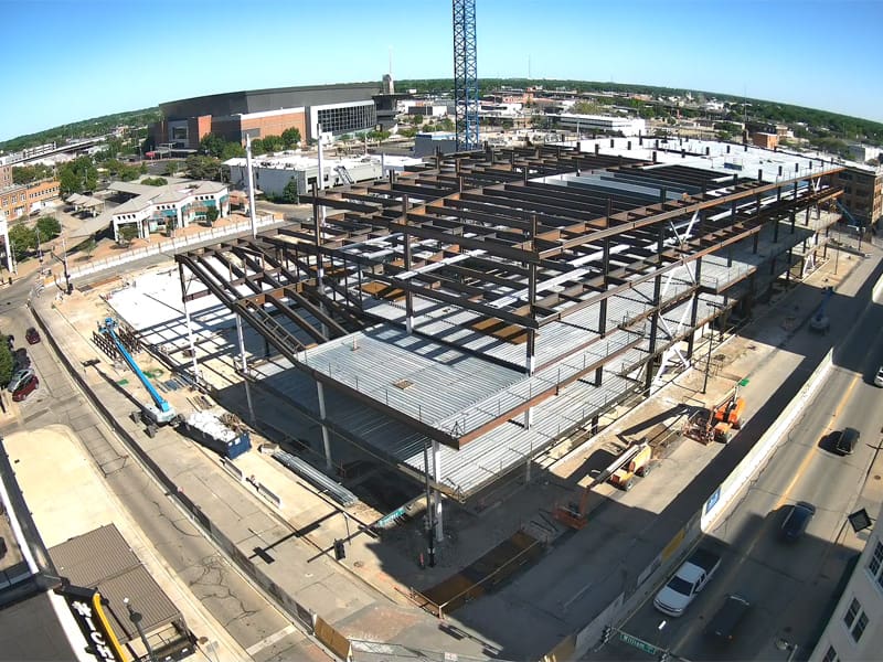 Overhead view of the construction site of the Wichita Biomedical Campus in downtown Wichita, showing the progress that has been made