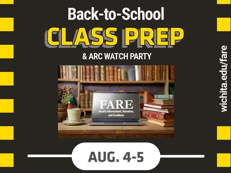 A flyer for the FARE Back-to-School Class Prep & ARC Watch Party, Aug. 4-5. The background shows a laptop sitting on a desk with a mug and books in the background. The FARE logo is on the laptop screen.