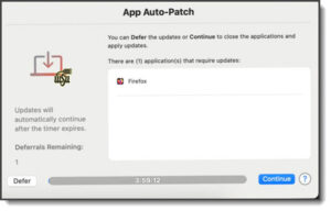 Image example of the App Auto Patch update window stating the ability to defer the update if needed or clicking continue to process the update