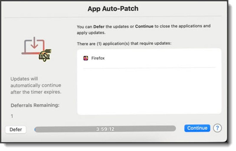 Image example of the App Auto Patch update window stating the ability to defer the update if needed or clicking continue to process the update