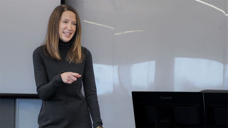 Christine Porter speaks to a group at a presentation in Woolsey Hall.