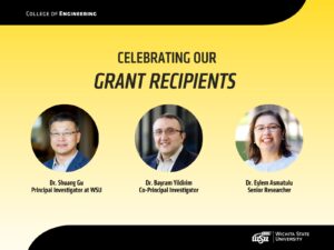 Celebrating Our Grant Recipients: Dr. Shuang Gu, Principal Investigator at WSU; Dr. Bayram Yildirim, Co-Principal Investigator; Dr. Eylem Asmatulu, Senior Researcher