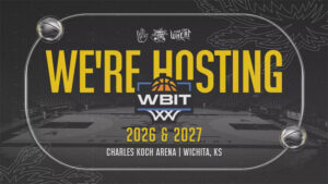 The text, "We're hosting WBIT 2026 & 2027" with an empty basketball court in the background.