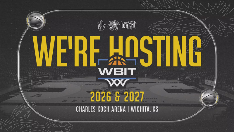 The text, "We're hosting WBIT 2026 & 2027" with an empty basketball court in the background.