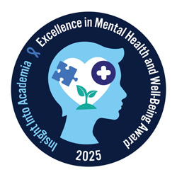 A badge showing ta blue silhouette of a person with a puzzle piece, a plus sign and a sapling over a white heart with the text, "2025 Insight Into Academia, Excellence in Mental Health and Well-Being Award" circling the badge