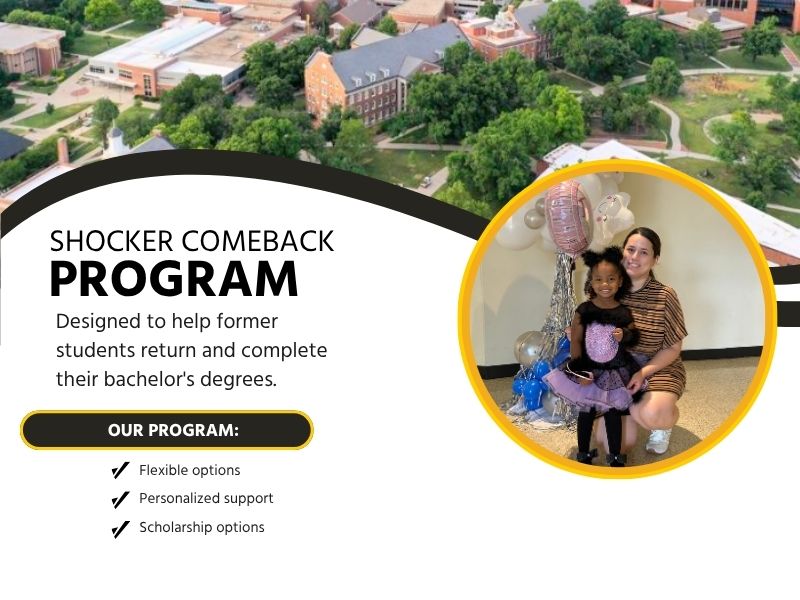 Shocker Comeback Program, designed to help former students return and complete their bachelor's degree. Flexible options, personalized support, scholarship options.