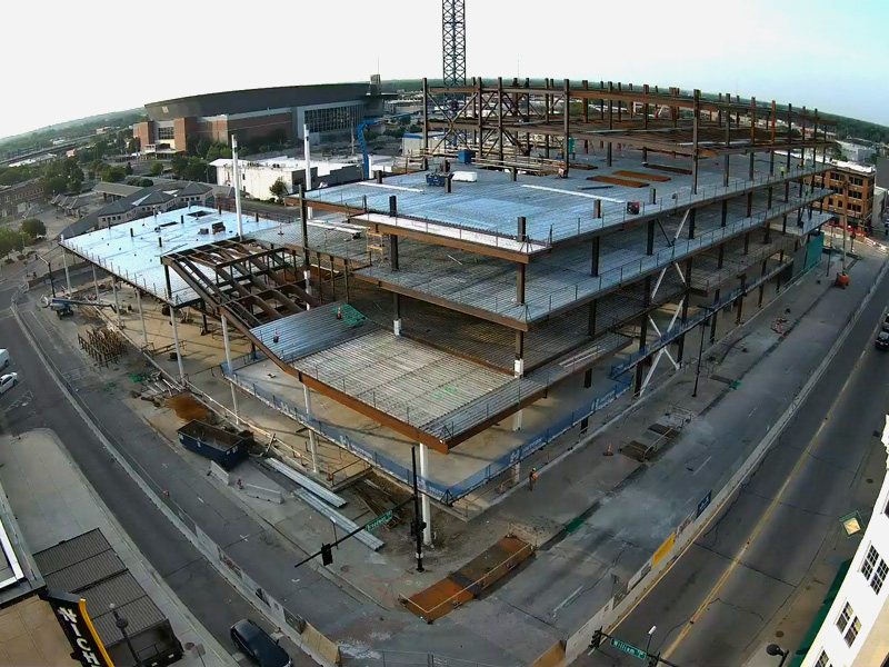 Overhead view of the construction site of the Wichita Biomedical Campus in downtown Wichita, showing the progress that has been made