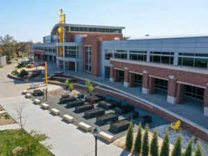 Overhead view of the Community Garden in front of the Rhatigan Student Center
