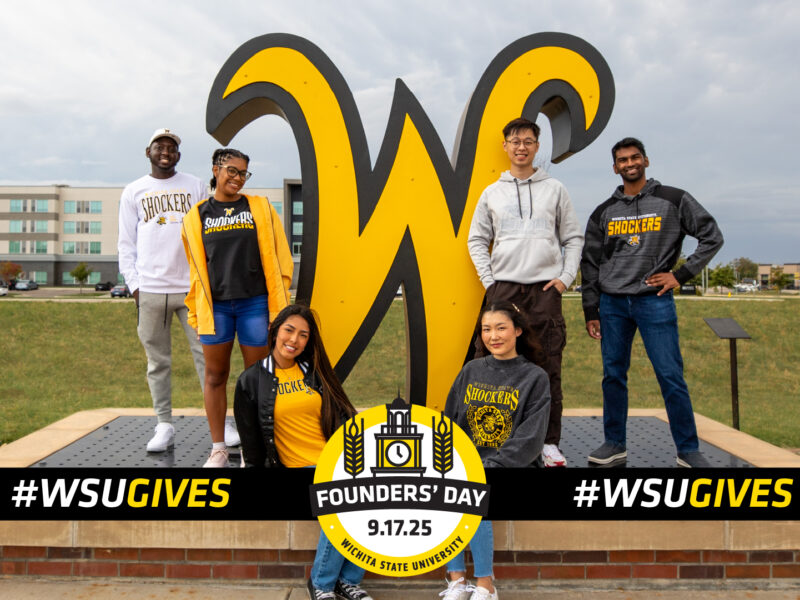 Founders' Day of Giving logo sits in front of a photo of smiling WSU students.