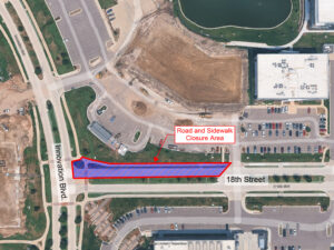 Overhead map of the construction area showing the section of 18th Street that will be closed
