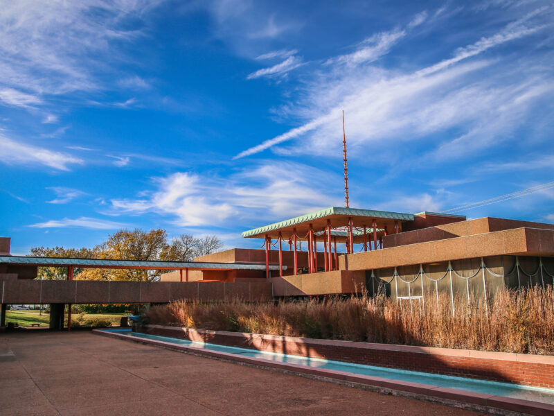 Landscape image of Corbin Education Building with blue sky