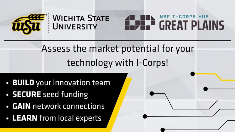 Promotional flyer for Wichita State University's I-Corps program. The flyer highlights opportunities to build innovation teams, secure funding, gain connections, and learn from experts.
