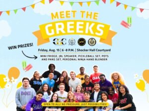 Meet the Greeks - Council Logos - Friday, August 15th 6:00pm to 8:00pm in Shocker Hall Courtyard - Win Prizes: Mini Fridge, JBL Speaker, Pickleball set, Pot and Pans set, and a personal ninja hand blender - Photo of Fraternity and Sorority Life community