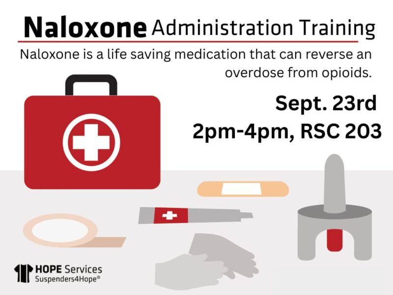 Naloxone Administration Training, Naloxone is a life saving medication that can reverse an overdose from opioids. Sept. 23rd 2pm - 4pm, RSC 203. Various medical objects and a first aid kit.