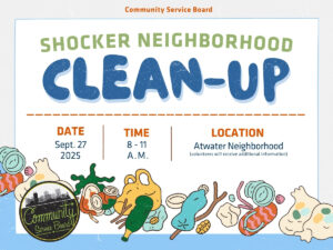 Picture of miscalleneous items and trash. Content: Community Service Board logo, Shocker Neighborhood Clean-Up, Saturday September 27th 2025 from 8:00 a.m.-11:00 a.m.
