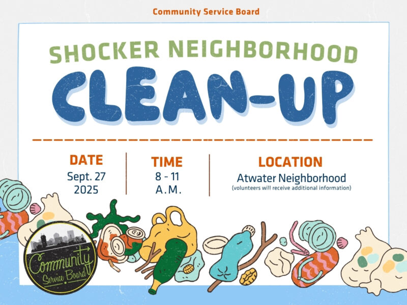 Picture of miscalleneous items and trash. Content: Community Service Board logo, Shocker Neighborhood Clean-Up, Saturday September 27th 2025 from 8:00 a.m.-11:00 a.m.