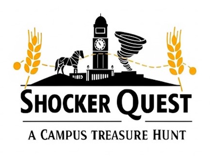 The image is a logo for "Shocker Quest," a campus treasure hunt. The design is in black and gold, with the background being white.  The logo is centered around a stylized image of a campus building that looks like a clock tower. To the left of the building is a stylized horse statue, and to the right is a tornado. An arched, dotted line connects two stalks of wheat on either side of the central design, passing behind the clock tower and the tornado. The two stalks of wheat are colored gold.  Below the main image, the words "Shocker Quest" are written in a large, bold, black font, with a horizontal line drawn beneath it. Below this line, in a smaller font, are the words "A CAMPUS TREASURE HUNT."