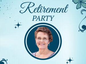 'Retirement party' with a photo of Cindy Horton