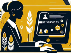 Illustration of a person looking up ITS Services on their computer.