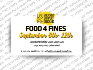 Flyer for the Food 4 Fines program hosted by the Shocker Support Locker at Wichita State University. The flyer reads: ‘Food 4 Fines September 8th–12th. Donate food items to the Shocker Support Locker to get your parking citations waived! To learn more about Food 4 Fines, visit wichita.edu/shockersupportlocker.’ The background features a repeating pattern of the words ‘Food 4 Fines.’ The Shocker Support Locker logo with SGA is displayed at the top.