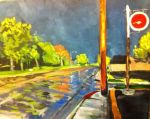An oil painting of a street on a rainy night.