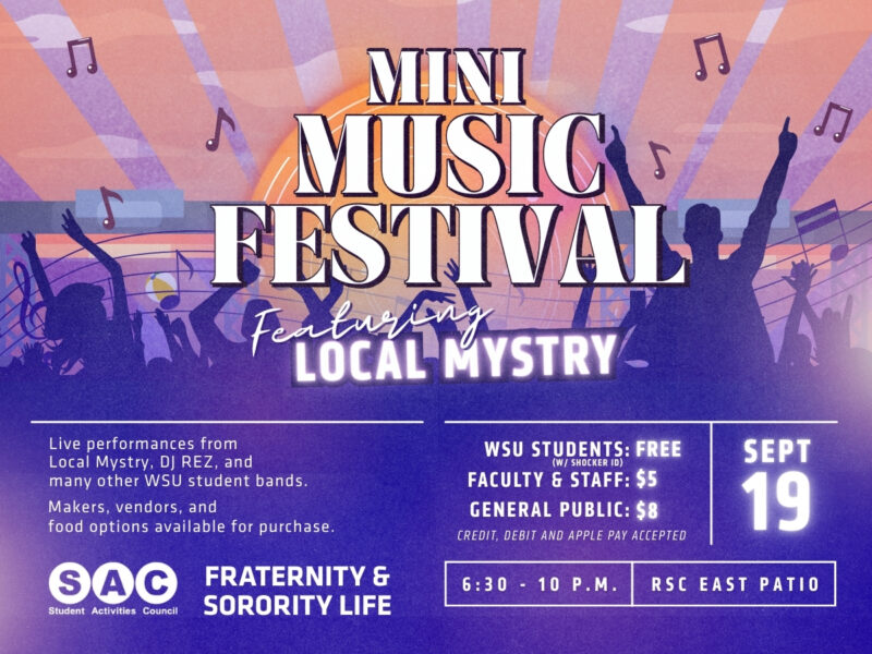 Mini Music Festival on September 19th from 6:30-10pm. This event will be hosted on the RSC East Patio and Courtyard and will feature live music from 3 student bands from WSU and a live DJ. Enjoy food and drinks from FSL Vendors and browse at the vendor market form local artisens.