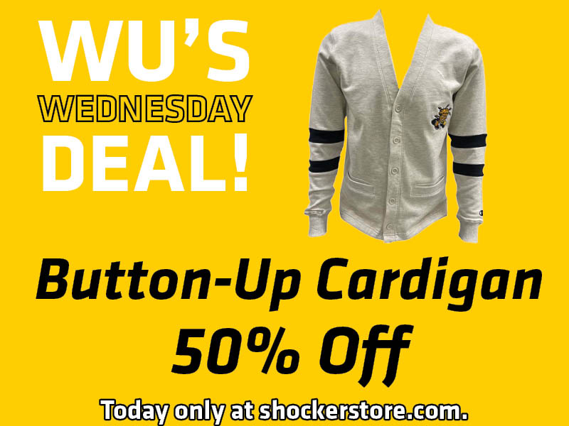 Wu's Wednesday Deal! Button-Up Cardigan. 50% Off. Today only at shockerstore.com.