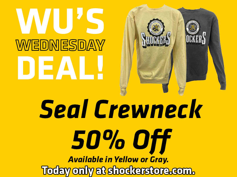 Wu's Wednesday Deal! Seal Crewneck, 50% Off. Available in yellow or gray. Today only at shockerstore.com