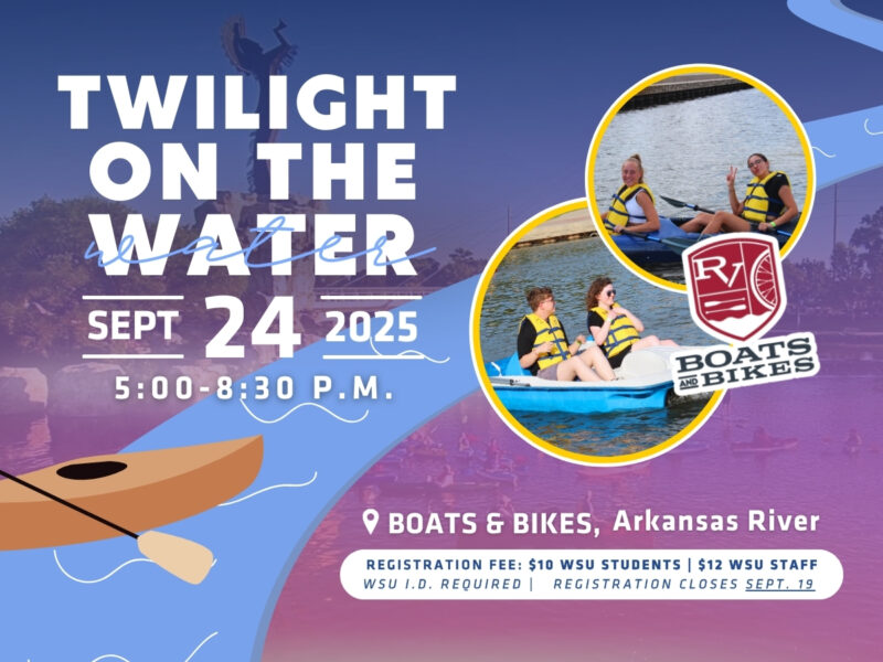 SAC's Twilight on the Water on September 24, from 5pm-8:30pm. Enjoy kayaking, peddle boats and bicycles at the River Vista Boathouse along the Arkansas River. This event is $10 for WSU Students with Shocker ID and $12 for WSU staff. Transportation details will be sent out to registered attendees. This event is