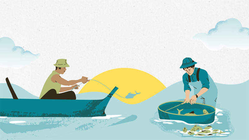 Cartoon illustration of men fishing in boats