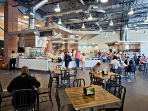 Shocker Dining Hall on WSU's main campus, featuring students, faculty and staff eating from a variety of stalls