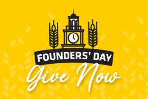 Yellow graphic with Founders' Day logo and text reading "Give Now"