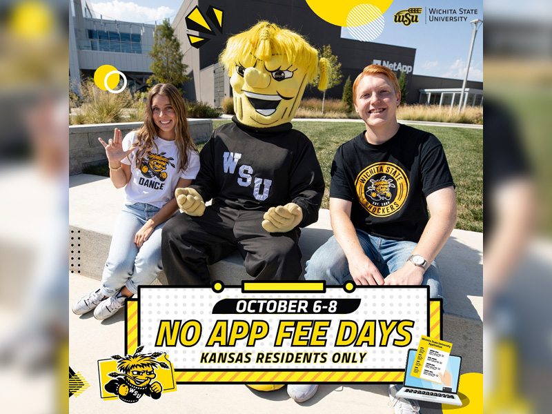 WuShock with students on campus in front of the NetApp building with the text, October 6-8: No app fee days for Kansas residents only