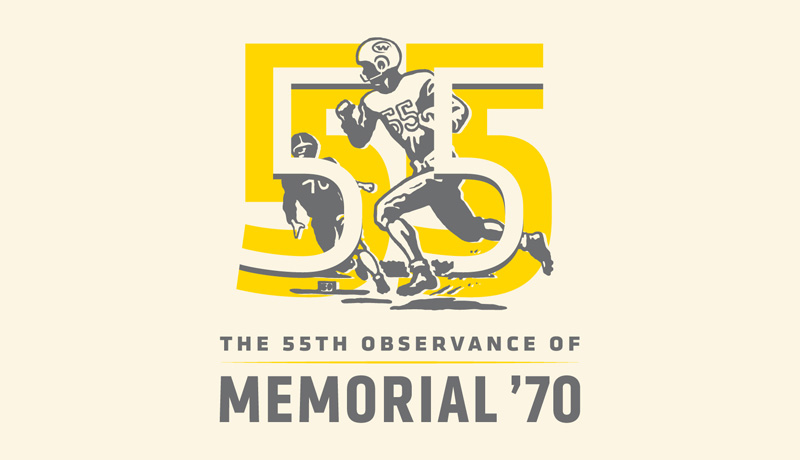 The 55th observance of Memorial '70 with an illustration of a WSU football player