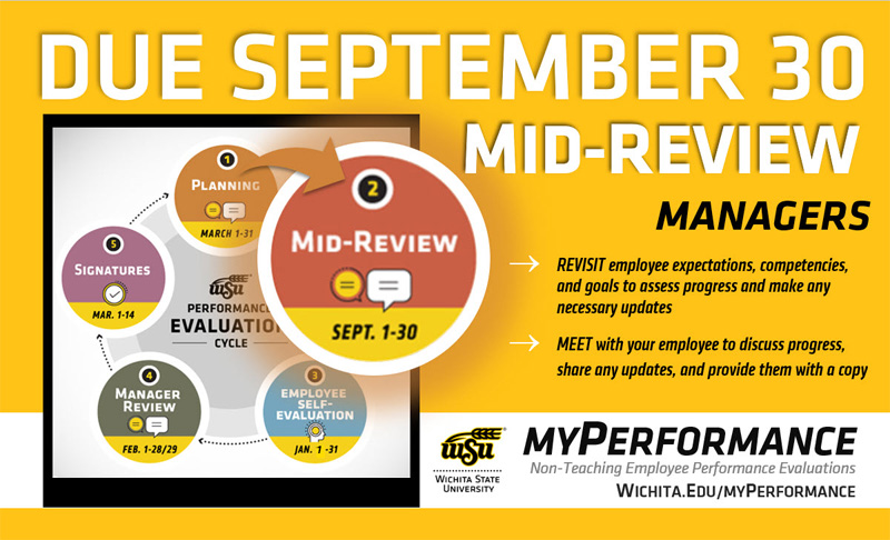 Step 2, mid-review, of the annual performance evaluation cycle for non-teaching employees has started and is due September 30. Managers should revisit employee expectations, competencies, and goals to assess progress and make any necessary updates then meet with their employee to discuss progress, share any updates, and provide them with a copy.
