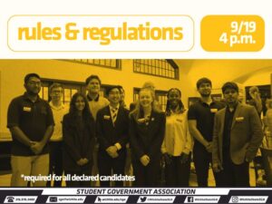 SGA leaders inviting people to rules and regulations meeting on 9/19 at 4pm.