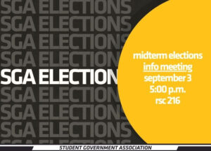 A graphic for announcing the midterm elections information meeting on September 3 at 5pm in RSC 216