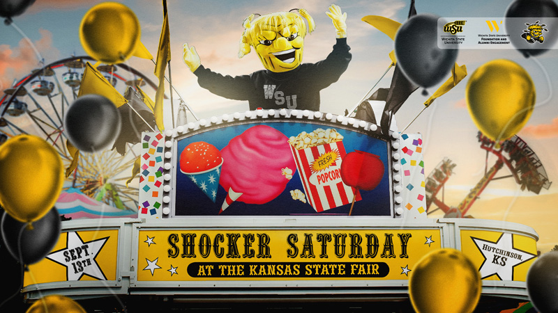 WuShock surrounded by Kansas State Fair and Shocker activities and items