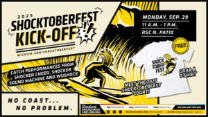 2025 Shocktoberfest Kick-Off Monday, Sept. 29, with an illustration of WuShock surfing on yellow waves