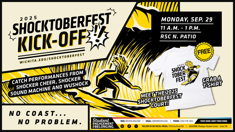 2025 Shocktoberfest Kick-Off Monday, Sept. 29, with an illustration of WuShock surfing on yellow waves